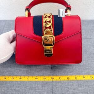 Authentic Gucci Sylvie Red Leather Small Top Handle Shoulder Bag Strap
